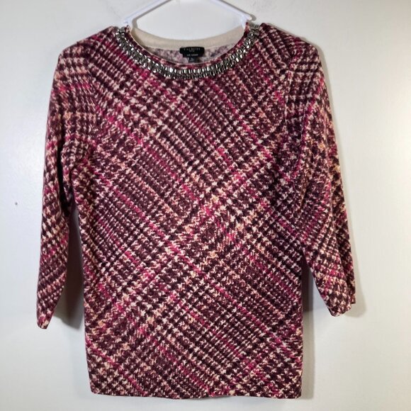 Womens Talbots Cashmere 3/4 Sleeve Jeweled Sweater Plaid Pattern SP Cashmere - Picture 1 of 7